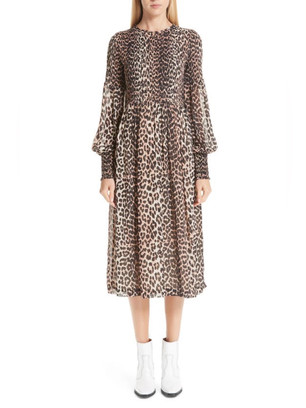 GANNI Long-sleeve Printed Smocked Georgette Dress in Leopard Size DK 40 US 10